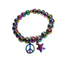 Iridescent beaded bracelet with matching peace sign and star dangling charms is sure to match your personality and lifestyle.  Stretchy beaded bracelet is approximately 7.5 inches with beads measuring 8.5 mm and peace sign and star measuring 12 mm in size.    Simple yet attractive.  Great accent piece for everyday or for your special occasion.  Could also be worn as an ankle bracelet. Perfect Valentine Day, birthdays, anniversaries, friendship and Christmas gift. Stretchy Beaded Bracelet, Wedding Jewelry Bracelets, Ankle Bracelet, Wedding Bracelet, Ankle Bracelets, Peace Sign, Accent Pieces, Beaded Bracelet, Wedding Jewelry