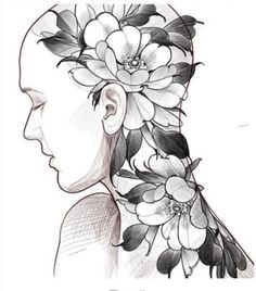 a drawing of a woman's head with flowers in her hair and the words, i