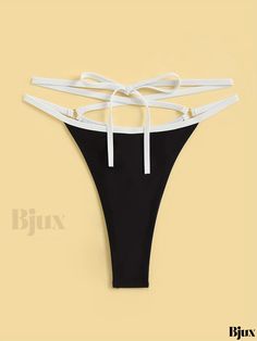 Bjux - Cross Back Stretchy Bikini Bottoms with Strappy Criss Cross Design, Sleek Black Contrast Trim, and Ring Link Swim Briefs Thong - Womens Swimwear & Clothing Black String Swimwear For Beach Season, Black String Swimwear For Beach, Black T-back Beach Bottoms, Swim Brief, Cross Design, Cross Designs, Swimwear Outfit, Contrast Trim, Womens Swimwear