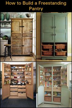 several pictures of pantry cabinets with baskets in them and the words how to build a freestanding pantry