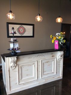 a white and black counter in a room