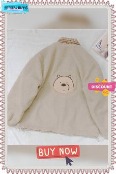 Bear Embroidered Lamb Fur Plaid Coat Casual Beige Embroidered Outerwear, Cute Beige Long Sleeve Outerwear, Cute Long Sleeve Beige Outerwear, Embroidered Collared Outerwear For Winter, Embroidered Collared Winter Tops, Cute Long Sleeve Patchwork Outerwear, Embroidered Beige Winter Outerwear, Plaid Coat, Outerwear Women