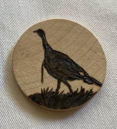 a bird is standing in the grass on a wooden disc