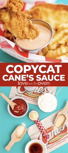 the cover of copycat cane's sauce is shown with dipping sauce and chicken wings