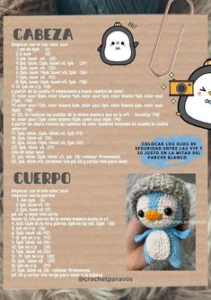 an advertisement for a crocheted penguin with the caption cabeza cueero