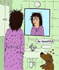 an image of a woman in pajamas looking at her dog on the mirror and talking to him