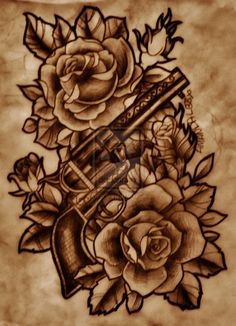 Gun With Roses by BigAma on deviantART Tattoo Ideas Female Thigh, Trendy Tattoo Ideas, Marquesan Tattoos, Trendy Tattoo, Tattoo Ideas Female, Rose Tattoos