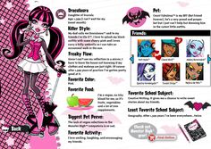 an advertisement for monster high school featuring a girl with pink hair and black eyes, holding a