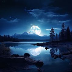 a full moon is seen over a lake with mountains in the background and trees on the shore