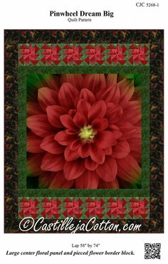 a red flower with green and red checkered border in the center, surrounded by an ornamental pattern