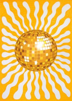 an orange and white painting with a disco ball in the middle