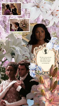 a collage of photos with flowers and people in the background, including an image of a man and woman