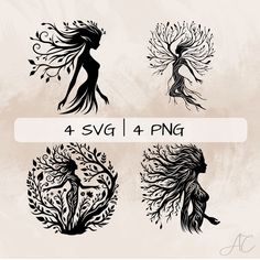 the four silhouettes of women with tree branches