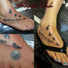 two different tattoos on the feet of people with birds and words tattooed on their ankles