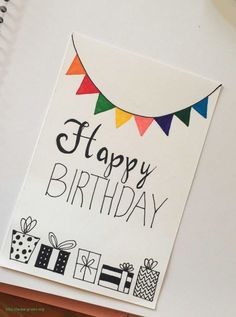 a happy birthday card with presents on it and the words happy birthday written in black ink