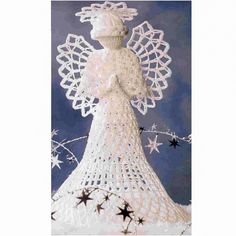 a crocheted angel with stars on it's back and arms, standing in front of a blue background