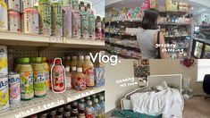 a woman standing in front of a store shelf filled with drinks and condiments