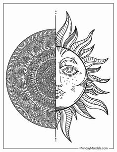 the sun and moon are both drawn in black and white, with one half facing each other