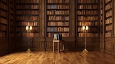 an empty library with bookshelves full of books and lamps on either side of the room