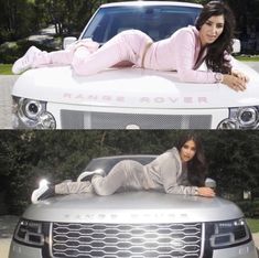 a woman laying on the hood of a car and posing in front of a range rover