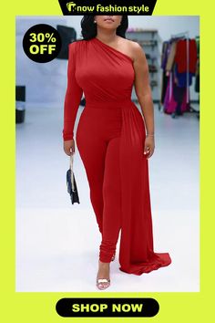 Red Elegant Solid Patchwork Oblique Collar Regular Jumpsuits Solid Midi Dress, Collar Jumpsuit, Evening Jumpsuit, Jumpsuit Casual, Solid Jumpsuit, Solid Color Jumpsuits, One Shoulder Jumpsuit, Bodycon Jumpsuit, Jumpsuits And Romper