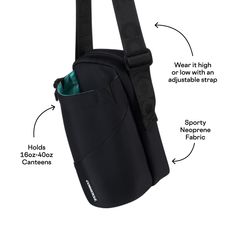 the back side of a black bag with instructions on how to put it in its pocket