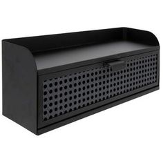 a black plastic box with holes on the front and sides, for storing items or other things