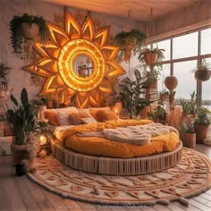 a round bed in the middle of a room with potted plants