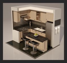 a model kitchen with stools, sink and refrigerator