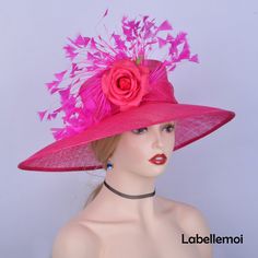 Large brim sinamay hat with feather flower&silk flower Brim width:19.5cm in the biggest part Crown height: 10cm Head size: 57cm also with elastic to adjust it to be smaller Ideal for wedding/party/races/church Big hat only send by EMS(don't send it by regular parcel in case any damage),EMS costs 5-15 working days to most of the countries.Suggest to buy one week earlier at least to make sure it can arrive in time. It is handmade product and every hat is well inspected before shipment,no retur Pink Mini Hat With Feather Trim For Summer, Pink Sinamay Hat For Evening, Pink Feather Trim Costume Hats For Royal Ascot, Pink Sinamay Fascinator For Church, Pink Feather-trimmed Costume Hats For Royal Ascot, Pink Feathered Hat For Kentucky Derby, Formal Pink Hats With Feathers, Formal Pink Feathered Hats, Pink Feathered Formal Hat