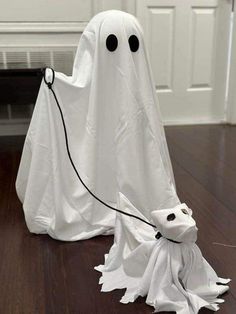 a dog pulling a ghost on a leash