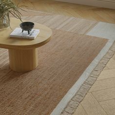 a table with a potted plant on top of it next to a rug in the living room