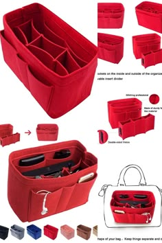 an assortment of red and black storage bins with compartments for various items in them