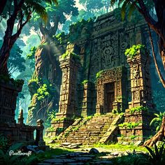 an ancient building in the jungle surrounded by trees