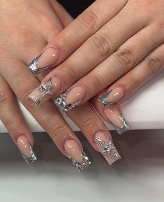 Dance Nails, Marble Acrylic Nails, Prom Nails Silver, Nail Drawing, French Acrylic Nails