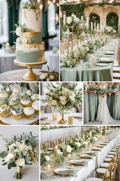 a collage of photos with wedding cake, cupcakes and flowers