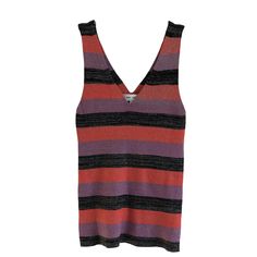 Anthropologie John + Jenn Stephanie Metallic Striped Tank. New With Tags. Sweater Texture. Black, Lavender And Coral Stripes With Silver Metallic Threads. V-Neck. Very Stretchy. 16 Inches Armpit To Armpit (Unstretched ), 25 Inches Shoulder To Hem. Viscose, Nylon, Metallic. Striped V-neck Top For Party, V-neck Multicolor Tank Top For Day Out, Summer V-neck Ribbed Camisole, Striped V-neck Tank Top For Spring, Sweater Texture, Multicolor V-neck Tank Top For Beach, Striped V-neck Tank Top, Linen Sleeveless Top, Striped Tank