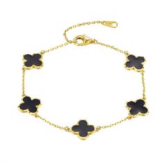 Add a touch of high fashion to your look with this Designs by Gioelli 14k Gold Over Silver Black Enamel Clover Bracelet. Click on this JEWELRY & WATCHES GUIDE to learn about fit, styles, materials and more! Add a touch of high fashion to your look with this Designs by Gioelli 14k Gold Over Silver Black Enamel Clover Bracelet. Click on this JEWELRY & WATCHES GUIDE to learn about fit, styles, materials and more! FEATURES Length: 7.25 in. Clasp: lobster-claw Nickel free Metal: sterling silver Plating: 14k gold Finish: polished Packaging: boxed Imported Size: 7.25". Color: Gold Tone. Gender: female. Age Group: adult. Material: Gold Over Sterling. Elegant 14k Gold Jewelry With Black Enamel, Elegant Black Bracelets In 14k Gold, Elegant Adjustable Black Gold Bracelet, Elegant Black Bangle Gold Bracelet, Black Adjustable Elegant Gold Bracelet, Elegant Black Adjustable Gold Bracelet, Elegant Black 14k Gold Bracelets, Elegant Black Gold Bangle Bracelet, Luxury Black Tarnish-resistant Bracelet