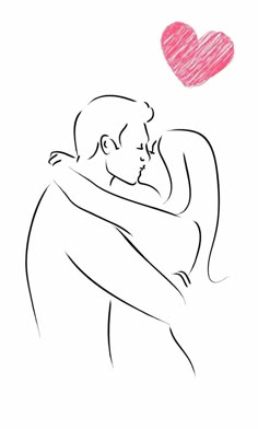 a drawing of a man hugging a woman with a heart above his head on a white background