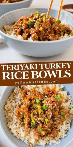 two bowls filled with rice and meat on top of a white tablecloth next to chopsticks