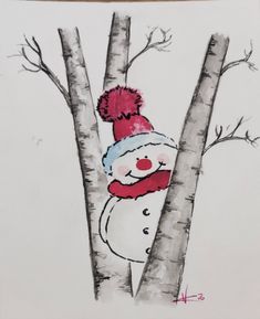 a drawing of a snowman peeking out from between two trees with a red pom - pom hat on