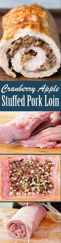 an image of stuffed pork loin on a wooden cutting board with text overlay