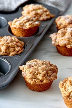 several muffins are sitting in a muffin tin on a counter top with other muffins