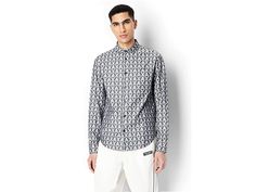 Armani Exchange Printed Jacquard A X Shirt - Men's Clothing : Dark Navy/Off-White Word : Express your love for an iconic style and stay perfectly comfortable no matter where you go, wearing the Armani Exchange Printed Jacquard A X Shirt. Point collar and long sleeves with buttoned cuffs. Buttoned front closure. One patch pocket on the left chest. Allover logo print. Curved hem. 100% cotton. Machine washable. Imported. Measurements: Length: 29 in Sleeve Length: 28 in Product measurements were tak Iconic Style, Armani Exchange, Dark Navy, Logo Print, Style Icons, Patch Pocket, Men's Clothing, Shirts Tops, Matter