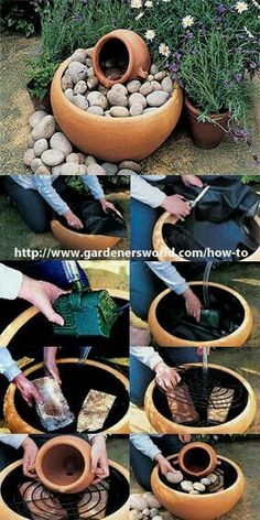 several pictures showing how to make a garden fountain with rocks and plants in it, including two