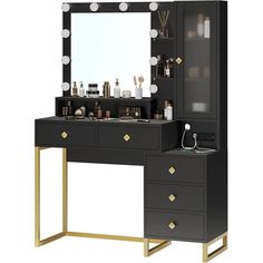 a black vanity with gold legs and mirror on the top shelf is shown in front of a white background