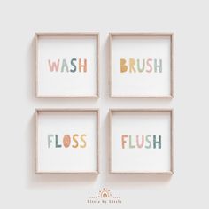 four framed pictures with the words wash, floss and brush in different colors on them