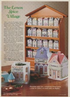 an advertisement for the lenox spice village with dolls and boxes in front of it