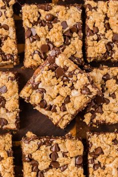 chocolate and oatmeal squares are arranged on top of each other, ready to be eaten