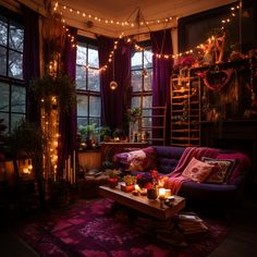 a living room filled with furniture and lots of lights